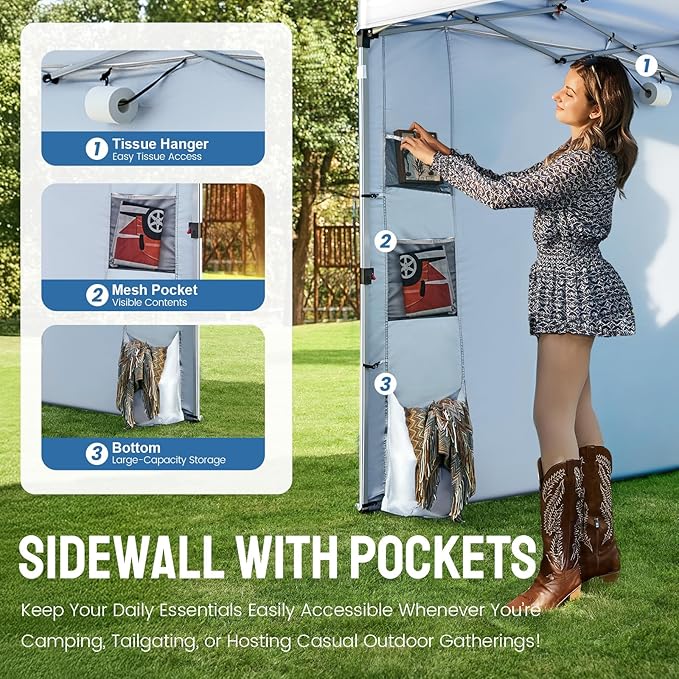CROWN SHADES Canopy Tent 10x10 Pop Up Canopy Outdoor Shade with Pockets Sidewall, Easy Up Sun Shelter with One Person Set Up Center Lock, Portable Instant Camping Beach Canopy Tents, Grid White