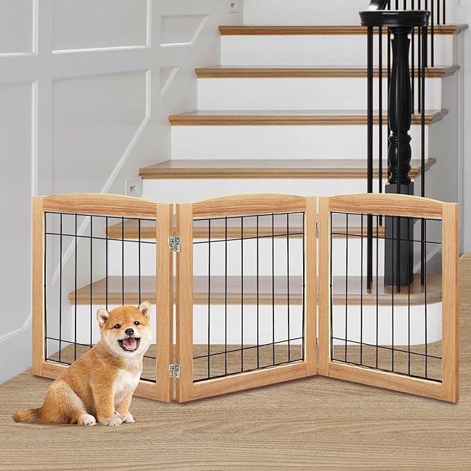 LZRS 3-Panel Freestanding Foldable Wooden Dog Gate –Solid Wood & Steel Wire Chew-Resistant Indoor Safety Pet Fence for Doorways & Stairs, Ideal for Small to Medium Dogs & Puppies, Natural