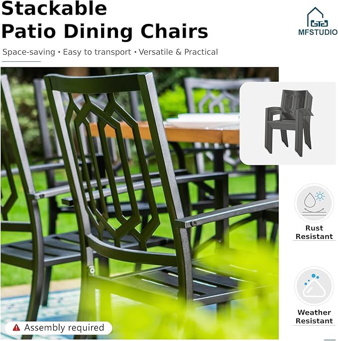 MFSTUDIO Outdoor Dining Set for 8, Metal Patio Table and Chairs Set, Patio Dning Set with Umbrella Hole, 9 Piece Outdoor Patio Furniture Set for Deck Backyard Poolside Garden