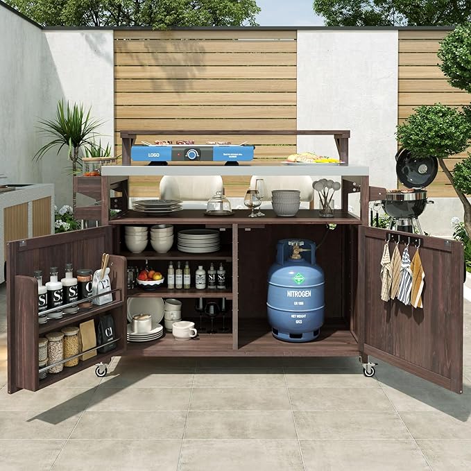 53.3" Outdoor Kitchen Island with Stainless Steel Top, Rolling Grill Cart with Adjustable Shelves, Raised Shelf, Lockable Wheels, Portable Outdoor Table and Bar Storage Cabinet for Patio