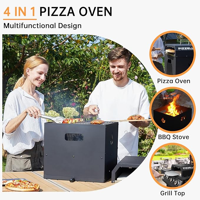 PIZZELLO 4-in-1 Outdoor Pizza Oven 16" Wood Fired Outside Oven 2-Layer Detachable Pizza Maker with Pizza Stone, Pizza Peel, Cover, Cooking Grill Grate, Pizzello Gusto