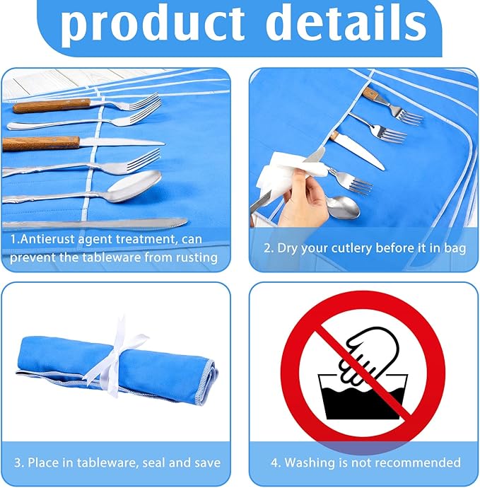 Weewooday Silver Storage Bags Anti Tarnish Silver Protector Bags Blue Holder for Silverware Flatware Storage Organizer Cloth Place Setting Roll with White Ribbon for Teaspoon Utensils(4 Pieces)