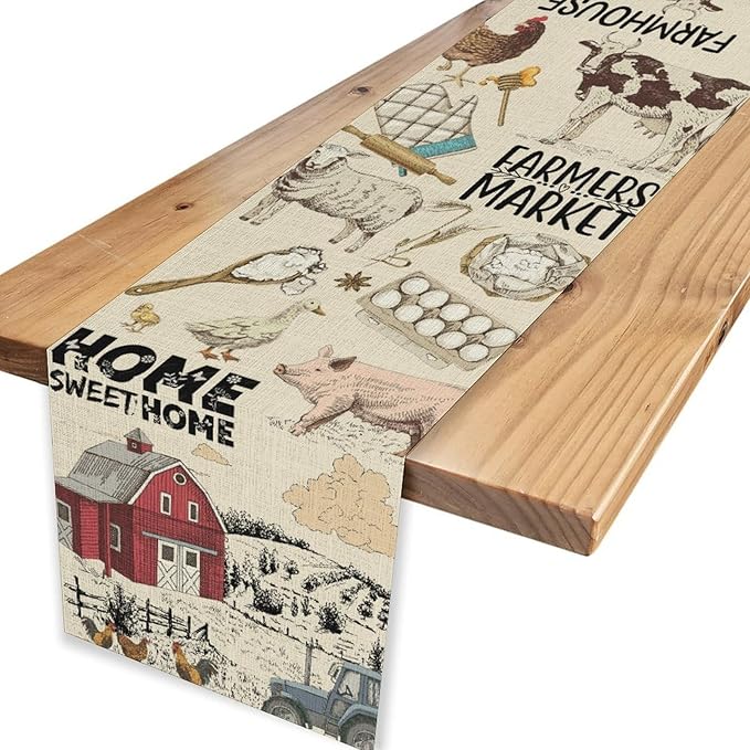Farmhouse Rooster Table Runner, Rustic Cow Chicken Pig House Animals Coffee Table Center Decor for Family Kitchen Dining Room and Living Room Outdoor Country Holiday Party Table Decorations, 13"x36"