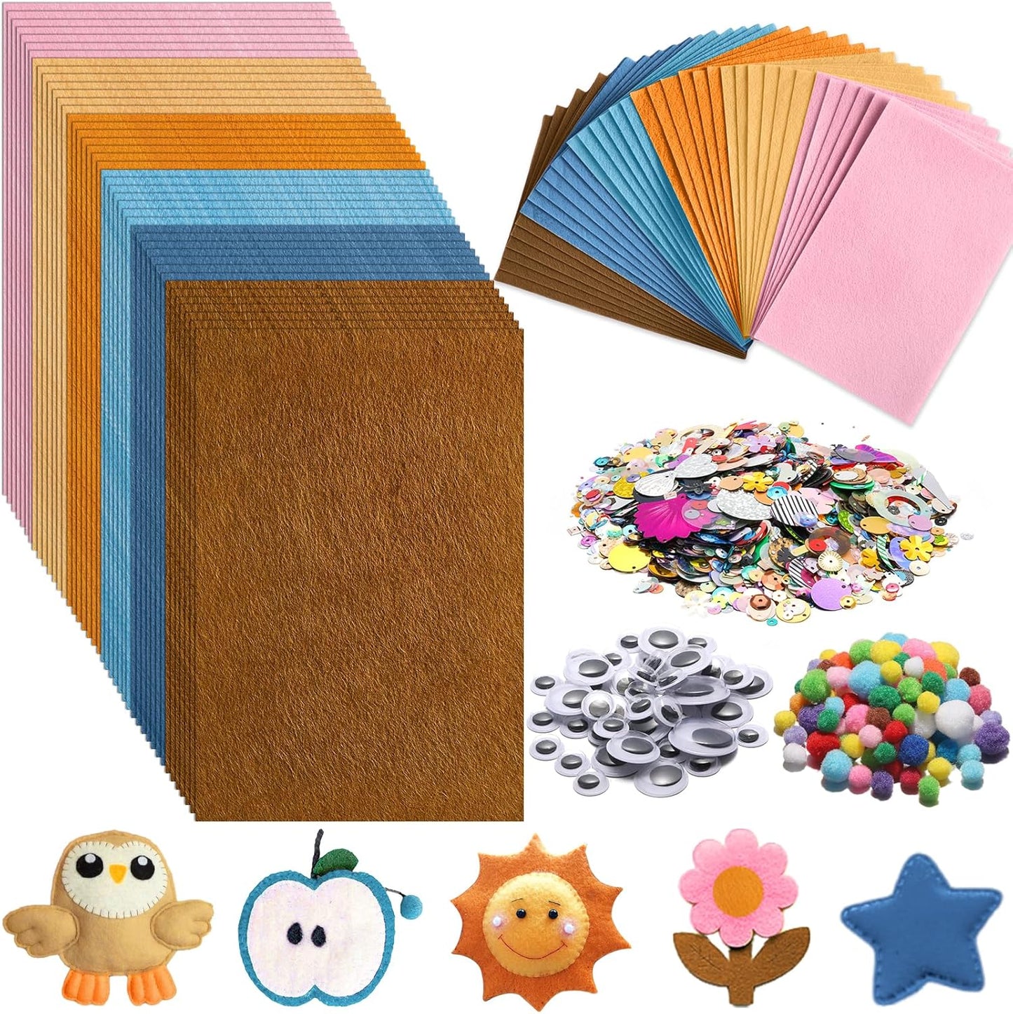 42Pcs Boho Felt Fabric Sheets 8 x 12 Inch Brown Beige Blue Assorted Soft Thick Felt Pack with Wiggle Google Eyes Pom Poms Glitter Patchwork Craft Supply for DlY Sewing Creative Art Project Decor
