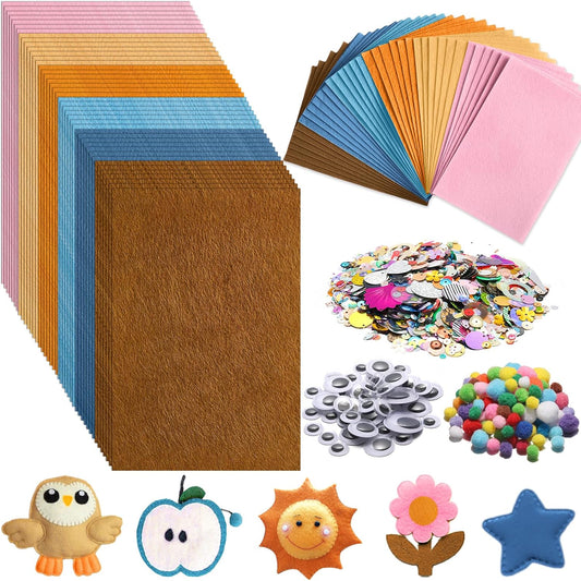 42Pcs Boho Felt Fabric Sheets 8 x 12 Inch Brown Beige Blue Assorted Soft Thick Felt Pack with Wiggle Google Eyes Pom Poms Glitter Patchwork Craft Supply for DlY Sewing Creative Art Project Decor