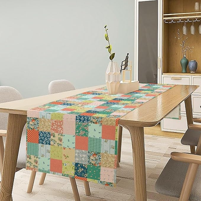 Boho Floral Patchwork Table Runner, Colorful Flower Print Rustic Farmhouse Country Vintage Paisley Table Runner for Dining Cafe Holiday Kitchen Home 13x108in