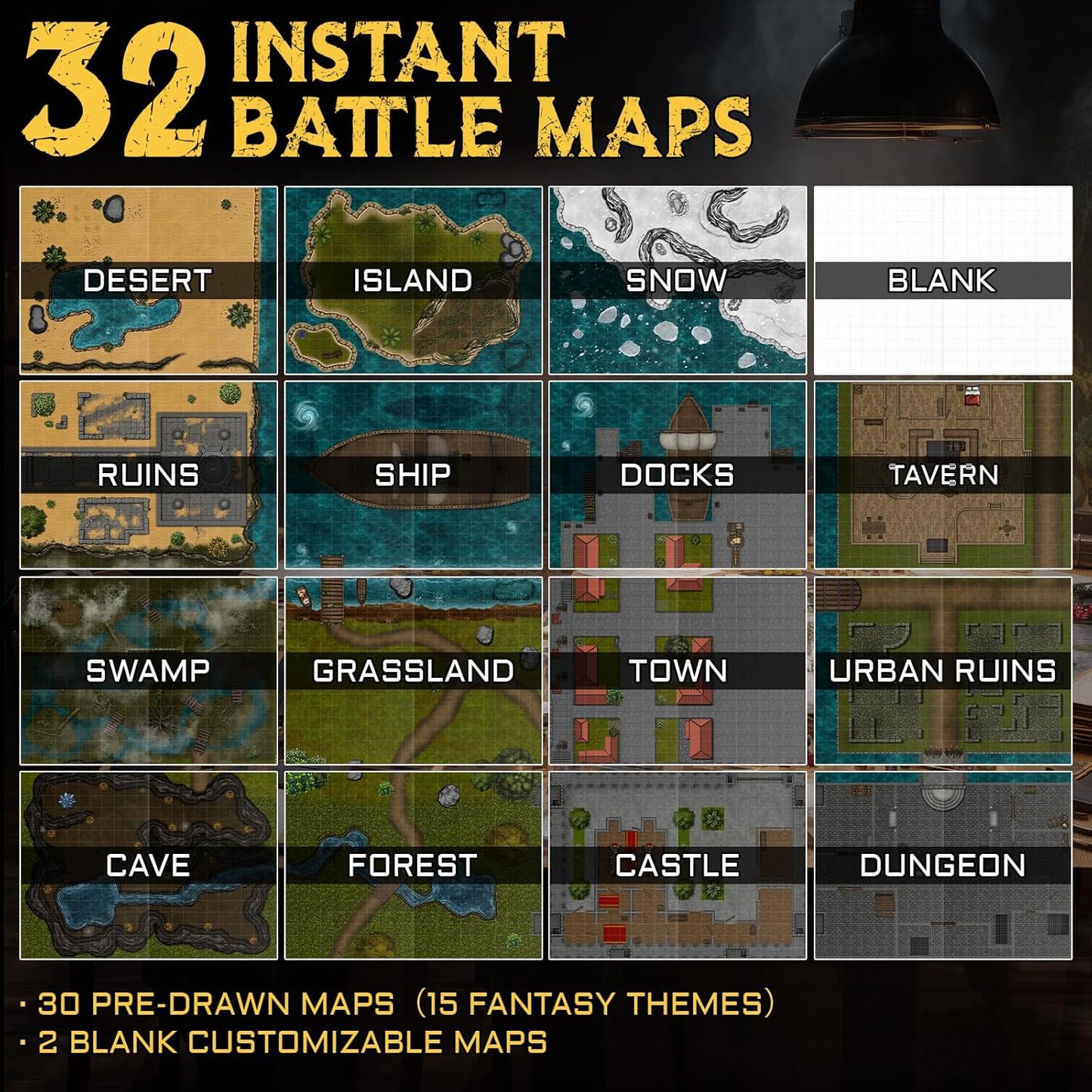 CZYY DND Battle Map Book – 32 Reusable Dry/Wet Erase Mats with 100+ Scenery Decals, 1" Grid & Lay-Flat Binding - Portable RPG Terrain Kit for Campaigns, Game Night & Miniature Battles (Style A)