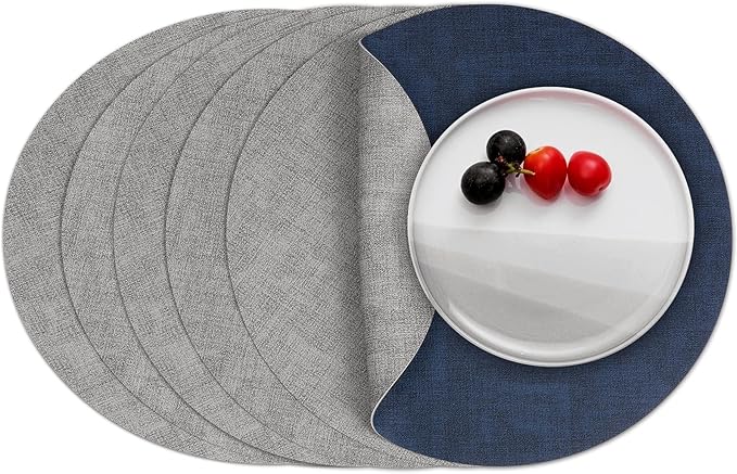 Myir JUN Round Placemats Dual Sided, Faux Leather Place Mats Set of 6 Indoor Placemat for Dining Table Outdoor Place Mat Non-Slip Washable Table Mats (Gray Blue, Set of 6)