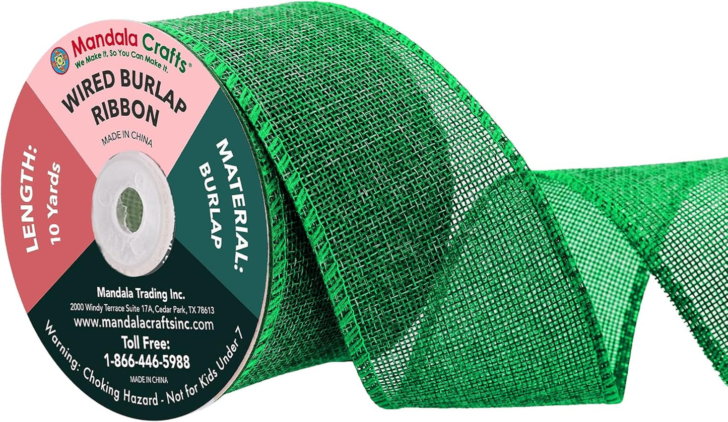 Mandala Crafts Green Burlap Wired Ribbon 2.5 Inches Wide Jute Ribbons for Crafts - 10 Yds Roll Rustic Burlap Wrap Trim Ribbons for Wreaths Bows Party Decoration
