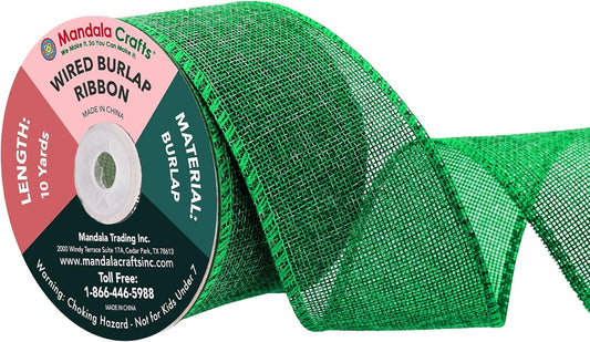 Mandala Crafts Green Burlap Wired Ribbon 2.5 Inches Wide Jute Ribbons for Crafts - 10 Yds Roll Rustic Burlap Wrap Trim Ribbons for Wreaths Bows Party Decoration