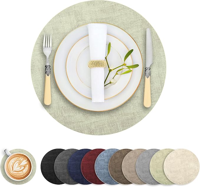 Round Faux Leather Placemats and Coasters, Set of 8, Reversible Heat Resistant Non-Slip Table Mats, Waterproof Wipeable Place Mats for Dining Table, Washable for Indoor & Outdoor (8, Light Green)