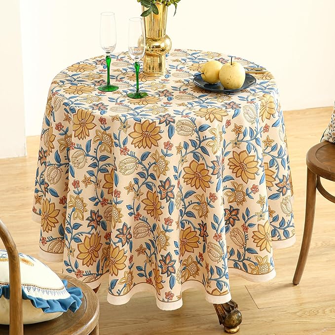 ISAENNE Designer Bohemian Floral Small Round Tablecloth,Linen Colorful Table Cloth,Wrinkle Resistant Decor Tablecloths for Dining Thanksgiving Kitchen Party Christmas,Diameter 55"-Estevan B