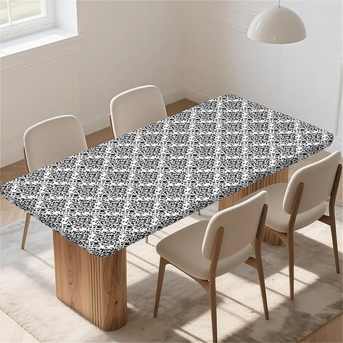 Rectangle Table Cloth Cover Waterproof Elastic Fitted Polyester Fitted Tablecloths for 6 Foot Tables for Indoor,Picnic, Camping, Outdoor （60" x 30"，Flower Geometry）