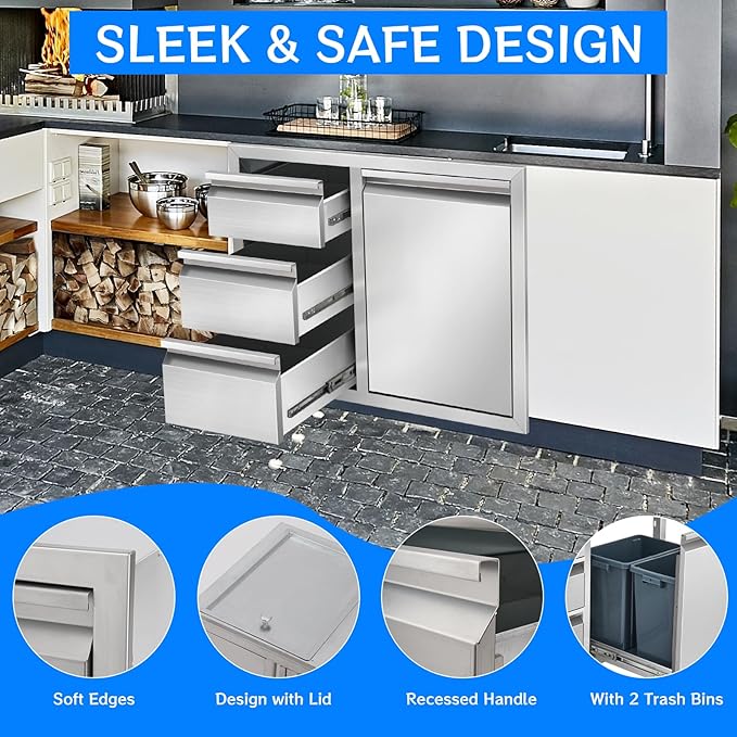 Outdoor Kitchen Drawer Combo, Stainless Steel Triple Drawer Cabinet with Built-in Trash Bin Drawer & Two Trash Cans, 28" W x 22" H x 19.5" D Outdoor Kitchen Storage for BBQ Grill Islands