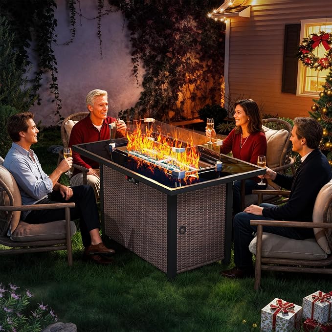 Propane Outdoor Fire Pit Table, 43" Rattan Rectangle Fire Pit Table, Outdoor Gas FirePit W/Glass Wind Guard, Tempered Glass Tabletop, Lid, CSA Listed, 60,000 BTU for Outside Patio Deck & Garden, Brown