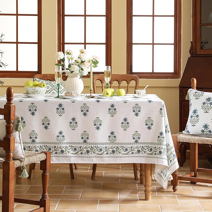ISAENNE Designer White Linen Extra Long Tablecloth Rectangle,Chinoiserie Floral Elegant Indoor Table Cloth,Fall Stain Proof Decor Tablecloths for Dining Thanksgiving Kitchen,67"*118"-Mosella F