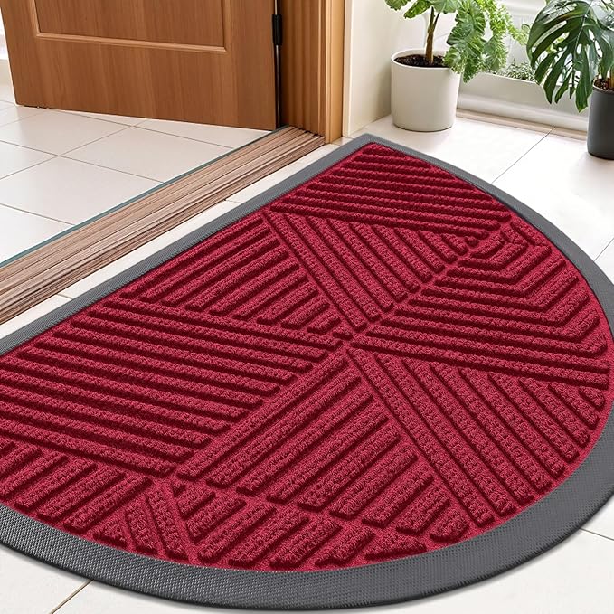 Smiry Half Circle Front Door Mat Outside Entrance, Heavy Duty Sturdy Natural Rubber Doormat, Trap Dirt and Moisture, Low Profile Mats for Indoor Outdoor Entry, Irregular Triangle (36x24, Wine Red)