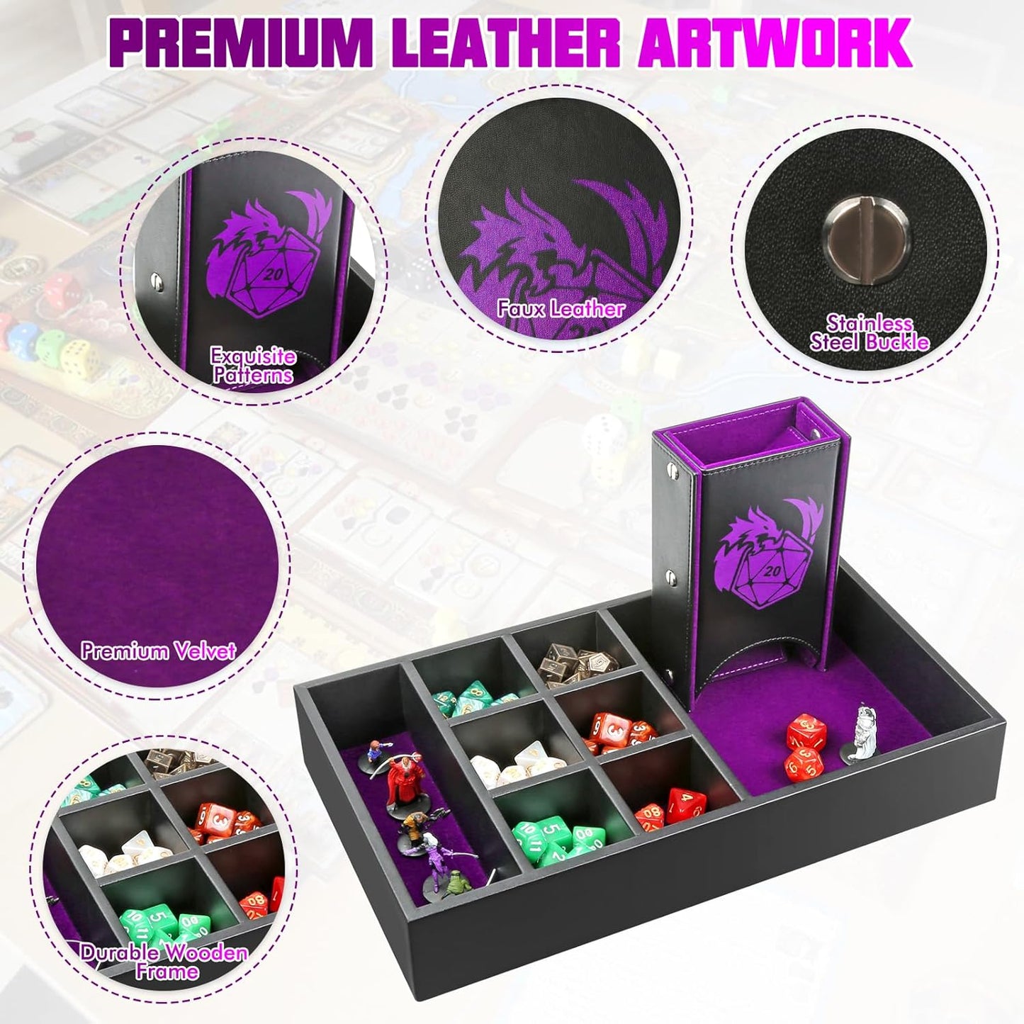 DND Dice Tray & Tower Storage Box, 4 in 1 D&D Dice Holder Case (Dice Rolling Tray, Dice Roller Tower, Dice & Miniature Storage), Great RPG Accessories Gifts for Dungeons and Dragons MTG DM & Player