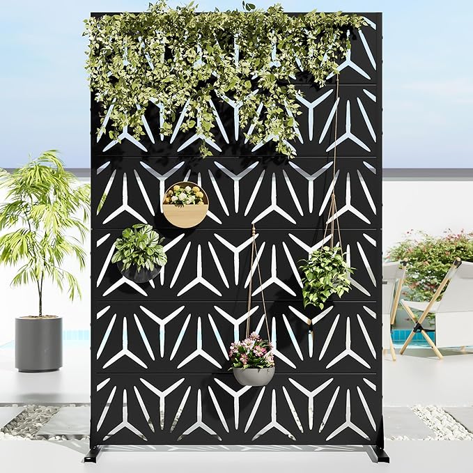 Casaphoria Metal Privacy Screen Outdoor, 72" H x 47" W Freestanding Decorative Privacy Screen for Patio Deck Balcony Garden with Stable Base, Black-stellate
