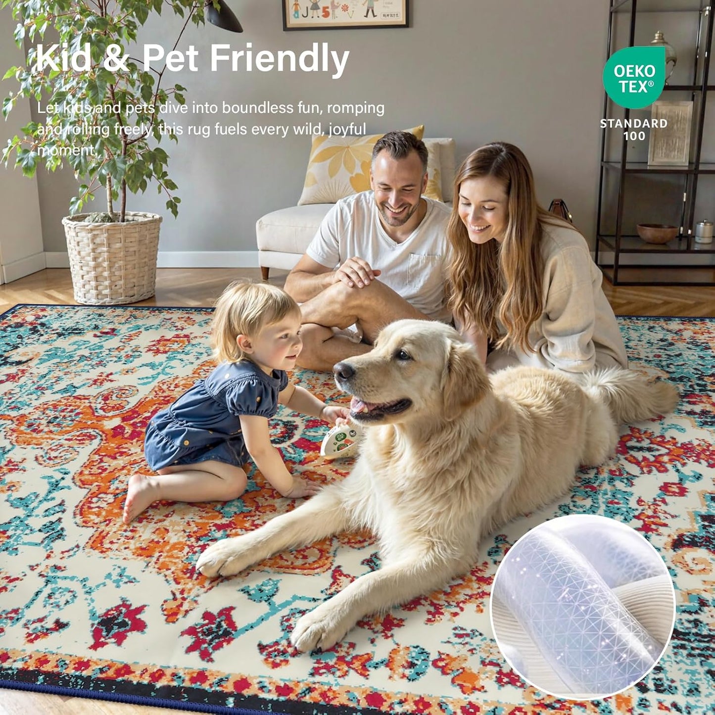 Lahome Bohemian Floral Medallion Area Rug - 4x6 Oriental Distressed Bedroom Rug Country Vintage Faux Wool Indoor Throw Mat Non-Slip Washable Low-Pile Carpet for Bathroom Living Kitchen Laundry Room