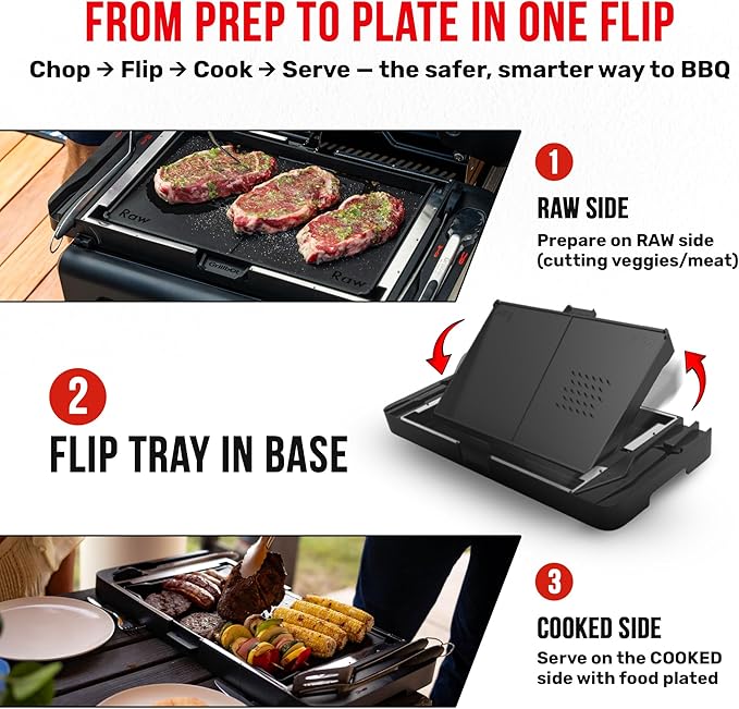 Grillbot FlipTray Dual-Sided Grilling Prep and Serving Tray - Raw/Cooked Food Separation, BBQ Grill Carry System Tray, Built-in Stainless Tools, BPA-Free, Dishwasher Safe, Tray for Outdoor Grill
