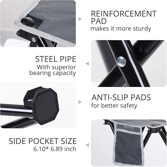 Triple Tree 2 Pack Folding Camping Stool, 13.8 Inch Small Portable Lightweight Stool with Side Pocket, Foot Stool with Carry Bag for Hiking, Fishing and Beach, Hold up to 400lbs, Grey