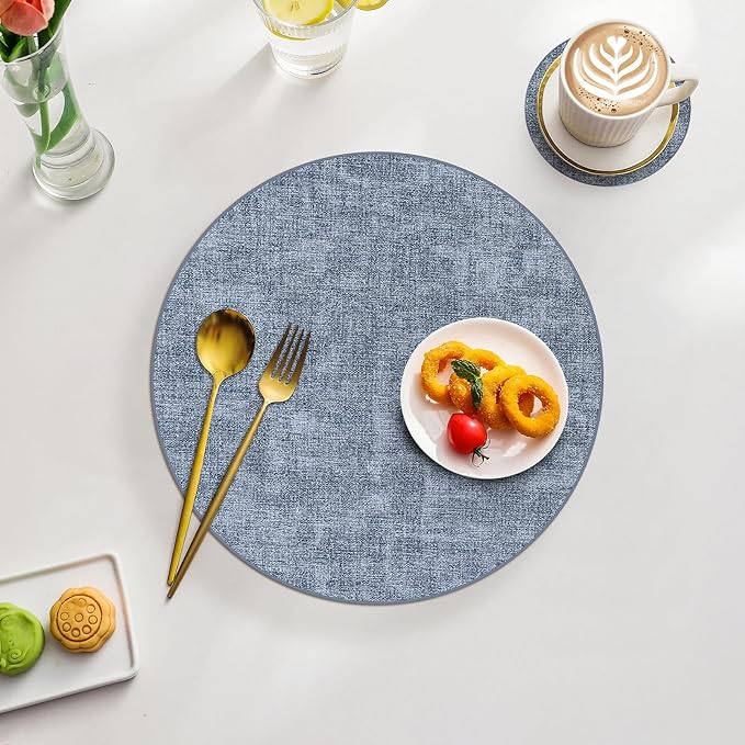 Homaxy Round Faux Leather Placemats and Coasters, Washable Dual-Side Table Mats, Wipeable Heat-Resistant Dining Place Mats for Outdoor and Indoor, Set of 12, Diameter 13 and 3.93 inch, Blue