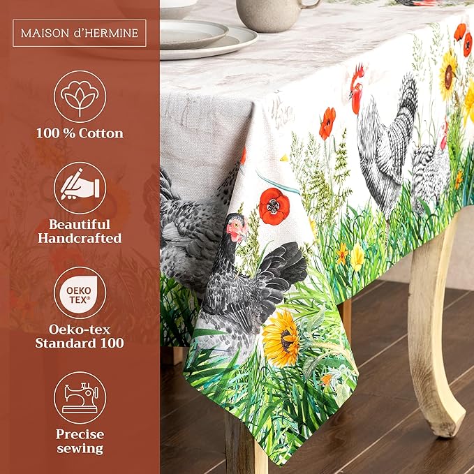 Maison d' Hermine Table Cloth Rectangle Table 100% Cotton 60 x 120 Inches Tablecloth Reusable Decorative for Dining Room, Farmhouse, Home, Party, Festive & Wedding Spring Summer - Basse Cour