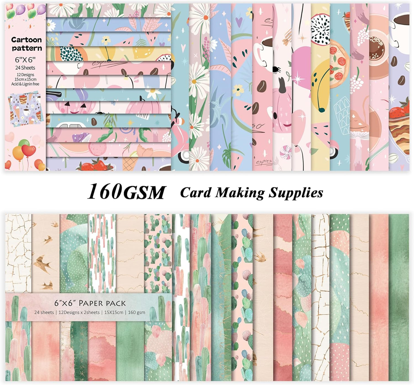 48 Sheets 24 Designs Scrapbook Paper Pad, 6"×6" Single-Sided Decopodge Craft Cardstock Paper,Scrapbooking DIY Decorative Background Cardmaking Supplies.Cactus&Cartoon