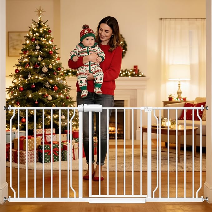 TSAYAWA Extra Wide Walk Through Baby Gate with Door, 62-67 Inch Wide Presure Mounted No Drill Metal Auto Close Child Gate for Stair Doorway - Indoor Outdoor Safty Gate for Toddler Dog Doggie, White