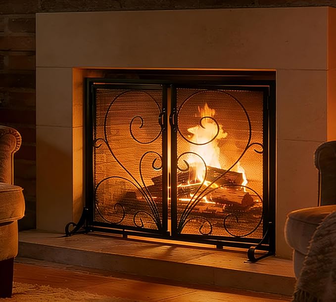 Flat Fireplace Screen with Doors,Solid Wrought Iron Frame with Metal Mesh, Flat Panel Decorative Fireplace Screen with Scroll Design, Free Standing Spark Guard