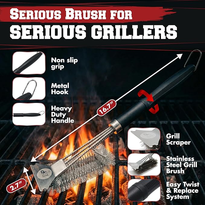 KITCHEN PERFECTION GrillSaver - Safe BBQ Grill Brush with Replaceable Cleaning Head - Heavy-Duty Grill Cleaner with Scraper, Magnetic Hanger, Bottle Opener -Powerful Cleaning Tool for All Grill Grates