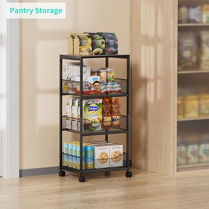 HapiRm Fruit Basket Kitchen Cart - 4-Tier Rolling Storage Cart with Wheels, Fruit Vegetable Basket with Wood Top, Pantry Utility Kitchen Organizer for Fruit Potato Onion Vegetable Bread Snack