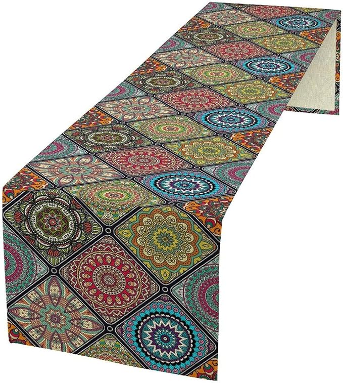 Bohemian Mandala Table Runner, Vintage Colorful Boho Geometric Floral Flower Antique Paisley Rustic Coffee Table Center Decor for Family Kitchen and Living Room Outdoor Table Decorations, 13"x90"