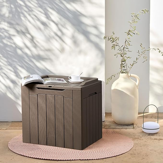 Flamaker Deck Box 31 Gallon Waterproof Resin Small Deck Box with Lid, Indoor Outdoor Package Delivery Box, Organization and Storage for Patio Furniture, Garden Tools, Outdoor Cushions (Deep Brown)