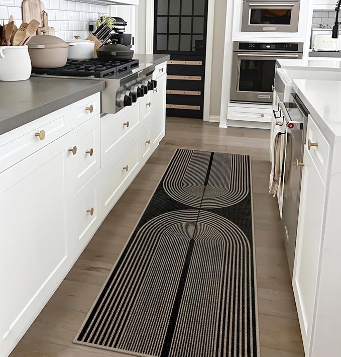 Easy Jute Rainbow Runner Rug, 2x6 Black Washable Rugs Runner for Hallway Non-Slip Boho Farmhouse Kitchen Runner Rug, Modern Abstract Indoor Outdoor Carpet for Porch Laundry Entryway