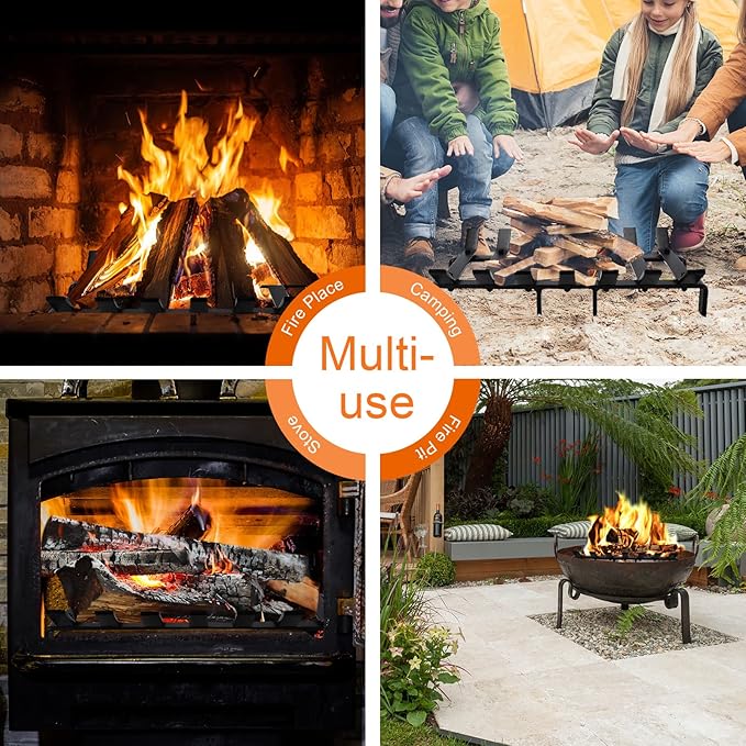 17“ Fireplace Grates Wood Stove Grate Rack Stove Burning Rack Heavy Duty Solid Steel 7-Bars Firewood Holder Easy Assembly Fire Grate for Indoor Hearth Outdoor Firepit Matt Black
