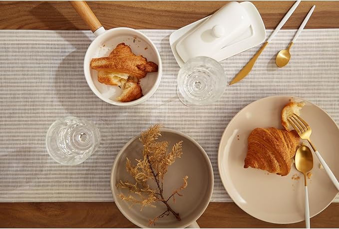Solino Home Linen Striped Table Runner 120 Inches Long - Narrow Stripe 100% Pure Linen Natural and White Dining Table Runner 14 x 120 Inch for Spring, Easter