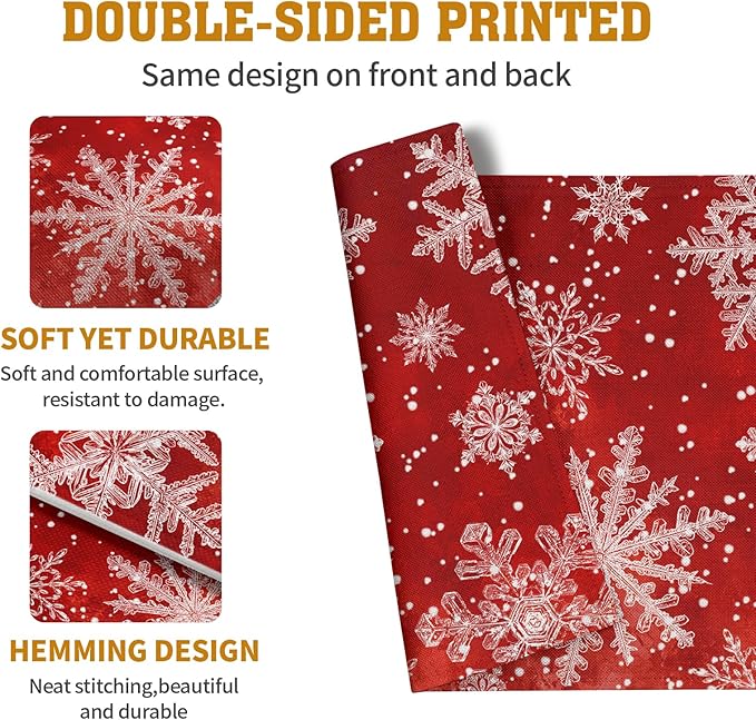 Red Snowflake Xmas Placemats Set of 4 Merry Christmas Snowflakes Linen Fabric Table Mats Seasonal Winter Holiday Washable Place Mats for Party Kitchen Dining Outdoor Indoor Decor
