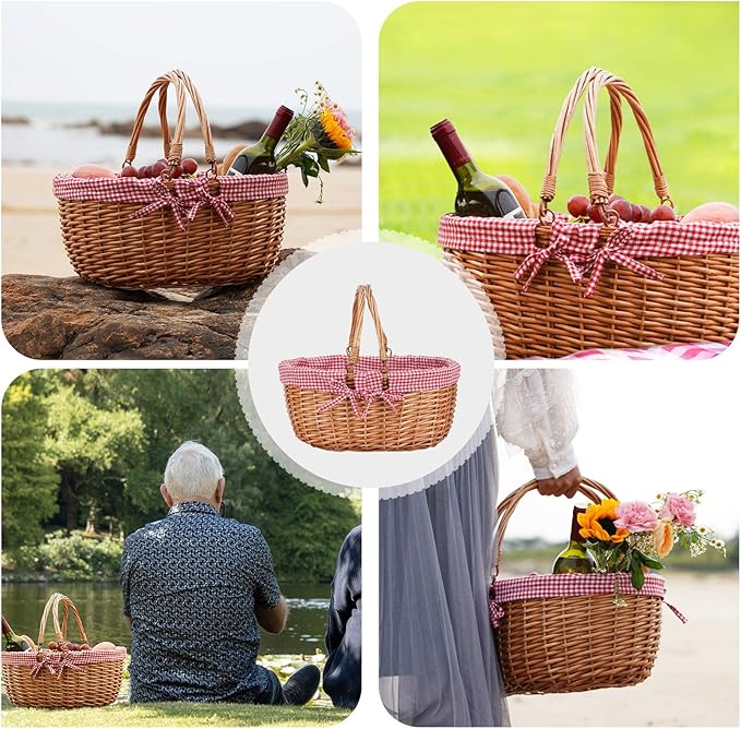 G GOOD GAIN Wicker Picnic Basket with Double Folding Handles,Willow Picnic Hamper,Natural Hand Woven Easter Basket,Easter Eggs and Candy Basket,Bath Storage,Gift Packing Basket.Red