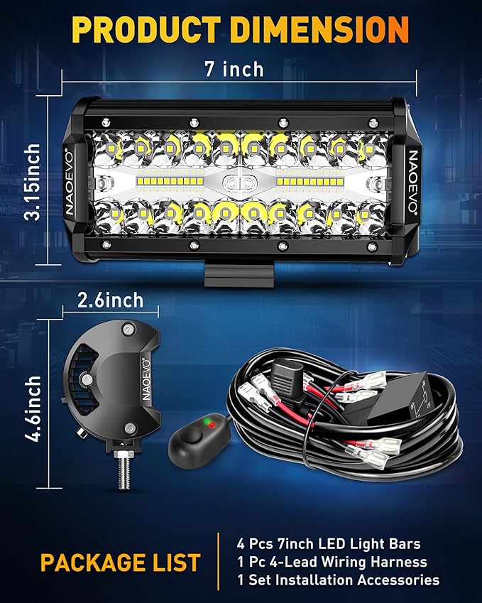 NAOEVO 7 Inch LED Light Bar, LED Off Road/Fog Lights, Work for Truck Tractor Boat ATV UTV, 4 Pcs with 4 Leads Wiring Harness (White)