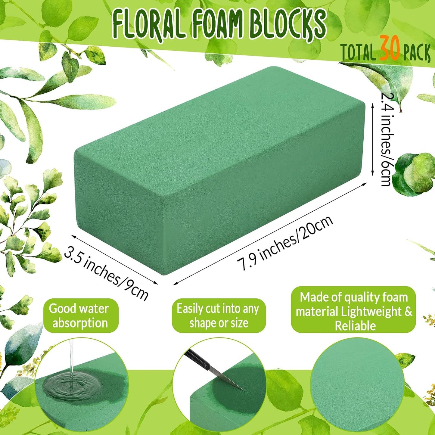 Pangda 30 Pcs Floral Foam Blocks 7. 9''lx3. 5''wx2. 4"h Green Wet and Dry Flower Foam for Fresh and Artificial Flower Arrangements Bulk Florist Supplie for Wedding, Birthdays, Diys, Arts, Crafts