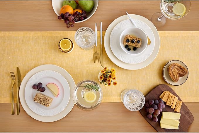 Solino Home Linen Small Table Runner 48 Inches - Athena, 100% Pure Linen Chambray Mustard Yellow Table Runner 14 x 48 Inch Ideal for Dresser and Coffee Tables, Spring, Easter