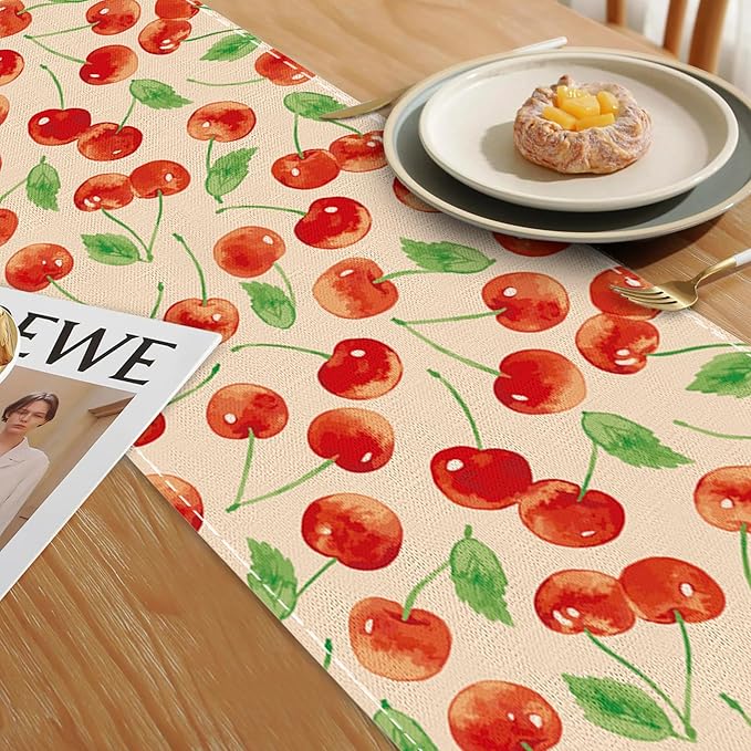 Red Cherry Table Runner Linen Long Farmhouse Rustic TableRunner for Party Holiday Dining Room /Kitchen,13 x 70 Inches