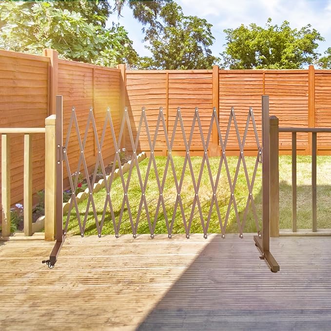 TECSPACE Aluminum Expandable Garden Fence, Portable Barricade Gate with Casters, Adjustable Retractable Fence Mobile Barricade Safety Barrier (Brown, 130×15×41 inch)