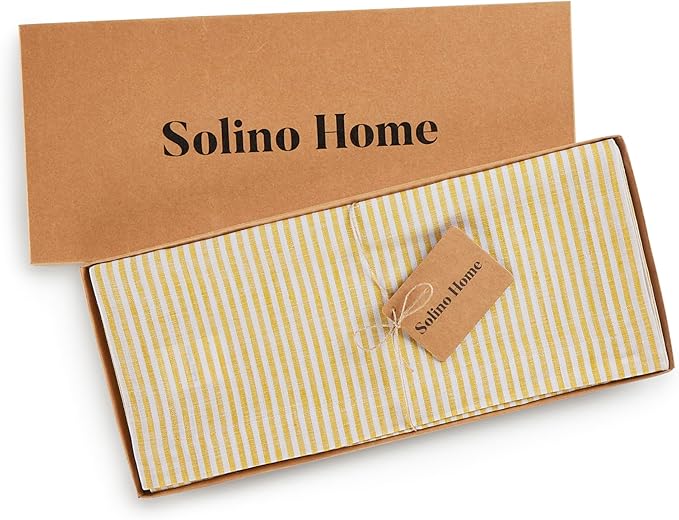 Solino Home Linen Striped Table Runner 90 Inches Long - Narrow Stripe 100% Pure Linen Spicy Mustard and White Dining Table Runner 14 x 90 Inch for Spring, Easter