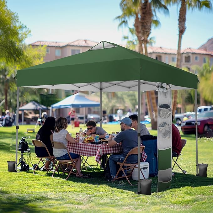 PHI VILLA 10x10ft 1-Person Setup Pop Up Canopy Tent Instant Portable Shelter w/ 1-Button Push, Case, 4 Weight Bags - Green