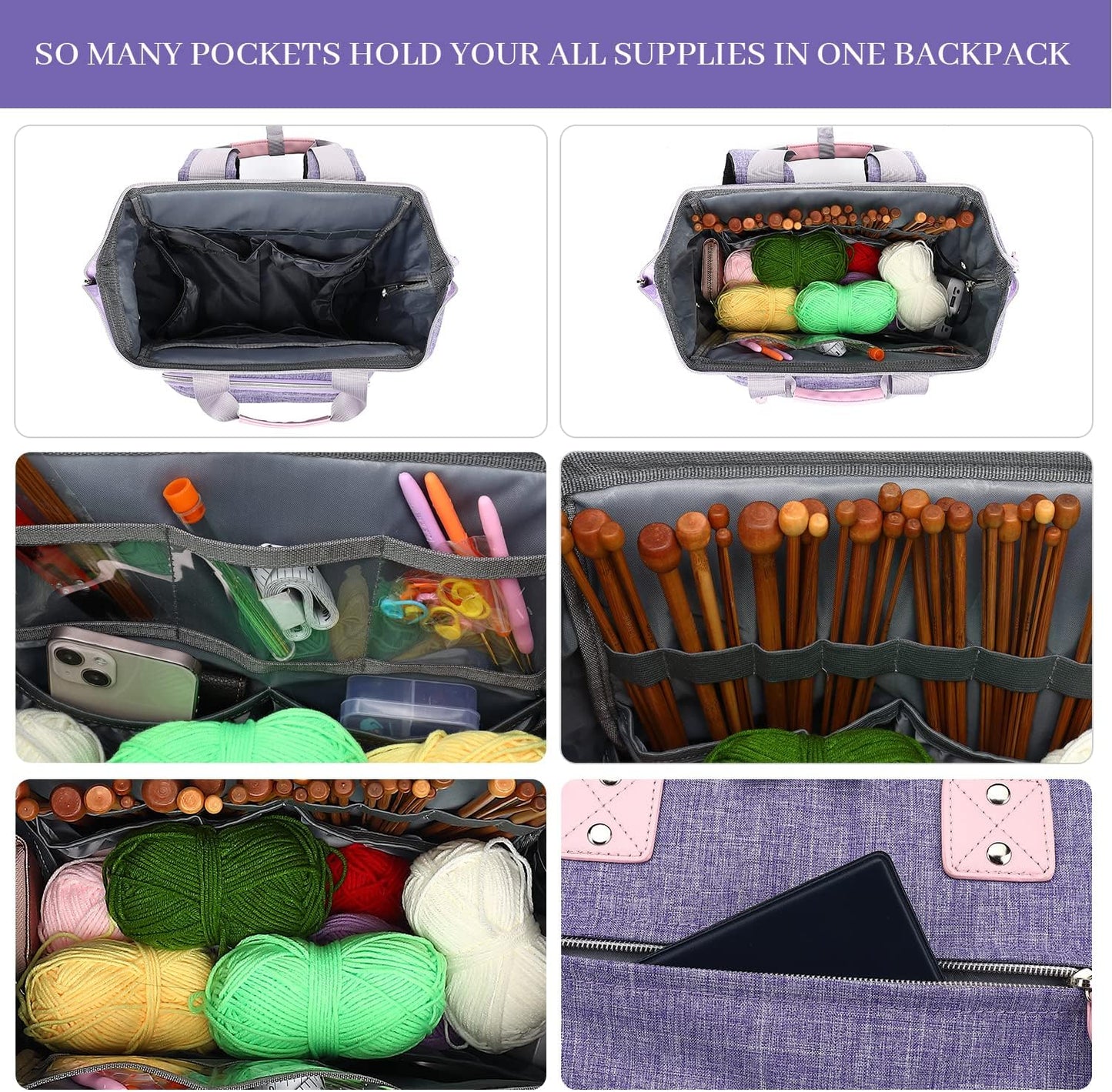 Crochet Backpack,Knitting Bag Backpack Yarn Storage Organizer Travel Crochet Bag with USB Charging Port,Large Yarn Tote Bag, Purple, Crochet Backpack, Travel