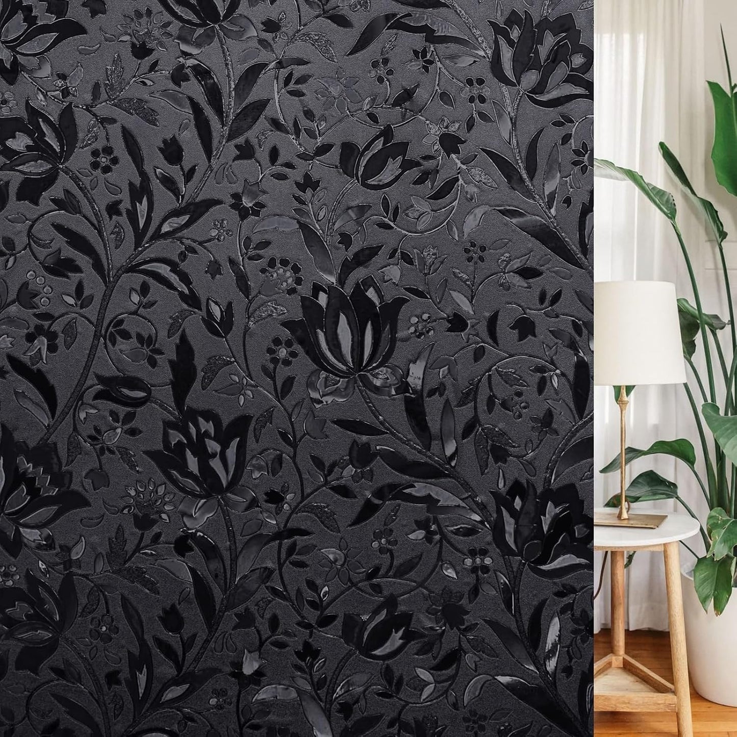 LEMON CLOUD Total Blackout Window Film Privacy Static Cling Frosted Black Window Covering 100% Opaque Film Tint Darkening Removable Film for High Privacy，(Blackout Tulip Design,29.5 x78.7 inches)