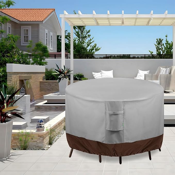 Round Patio Furniture Covers, 84" DIA x 28 H Waterproof Outdoor Furniture Cover for Patio Table & Chair Sets, 600D Heavy-duty UV-Resistant Fade-Proof Protection, Grey & Brown